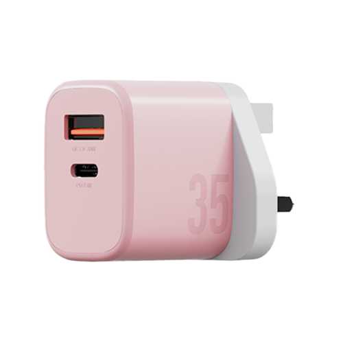 Bazic Go Port Velox Kit Bundle 1-Port USB-C & 1-Port USB-A PD 35W Wall Charger with Weave USB-C to USB-C 60W Cable - Peach Pink - شاحن حائط - فتحتين للشحن السريع - 35 واط + سلك شحن تايب سي قوة 60 واط - كفالة 12 شهر