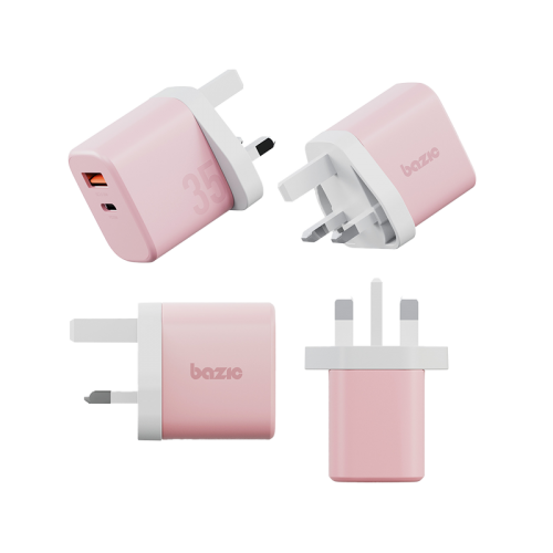 Bazic Go Port Velox Kit Bundle 1-Port USB-C & 1-Port USB-A PD 35W Wall Charger with Weave USB-C to USB-C 60W Cable - Peach Pink - شاحن حائط - فتحتين للشحن السريع - 35 واط + سلك شحن تايب سي قوة 60 واط - كفالة 12 شهر