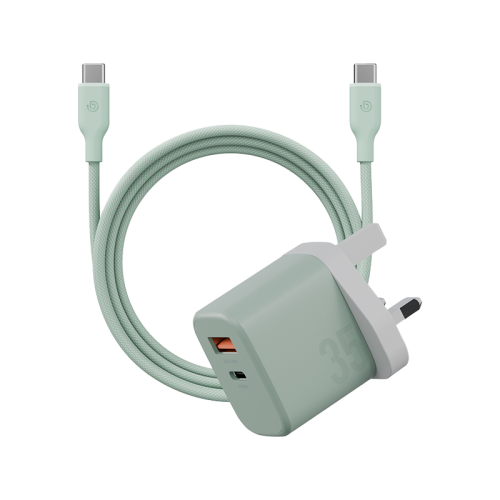 Bazic Go Port Velox Kit Bundle 1-Port USB-C & 1-Port USB-A PD 35W Wall Charger with Weave USB-C to USB-C 60W Cable - Pistachio Green - شاحن حائط - فتحتين للشحن السريع - 35 واط + سلك شحن تايب سي قوة 60 واط - كفالة 12 شهر