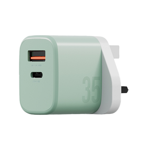 Bazic Go Port Velox Kit Bundle 1-Port USB-C & 1-Port USB-A PD 35W Wall Charger with Weave USB-C to USB-C 60W Cable - Pistachio Green - شاحن حائط - فتحتين للشحن السريع - 35 واط + سلك شحن تايب سي قوة 60 واط - كفالة 12 شهر