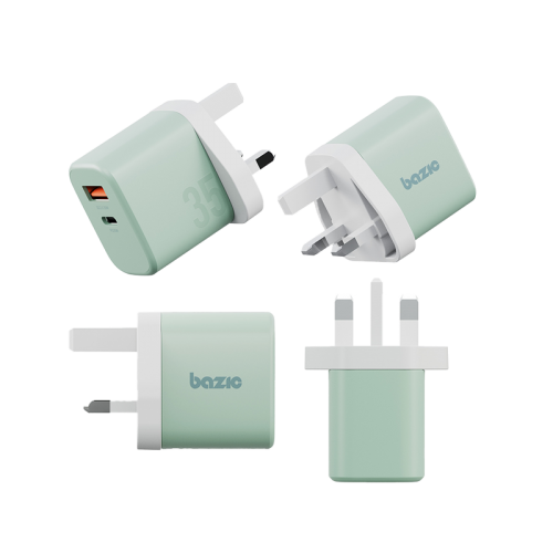 Bazic Go Port Velox Kit Bundle 1-Port USB-C & 1-Port USB-A PD 35W Wall Charger with Weave USB-C to USB-C 60W Cable - Pistachio Green - شاحن حائط - فتحتين للشحن السريع - 35 واط + سلك شحن تايب سي قوة 60 واط - كفالة 12 شهر