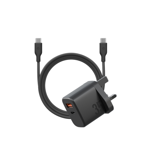 Bazic Go Port Velox Kit Bundle 1-Port USB-C & 1-Port USB-A PD 35W Wall Charger with Weave USB-C to USB-C 60W Cable - Truffle Black - شاحن حائط - فتحتين للشحن السريع - 35 واط + سلك شحن تايب سي قوة 60 واط - كفالة 12 شهر