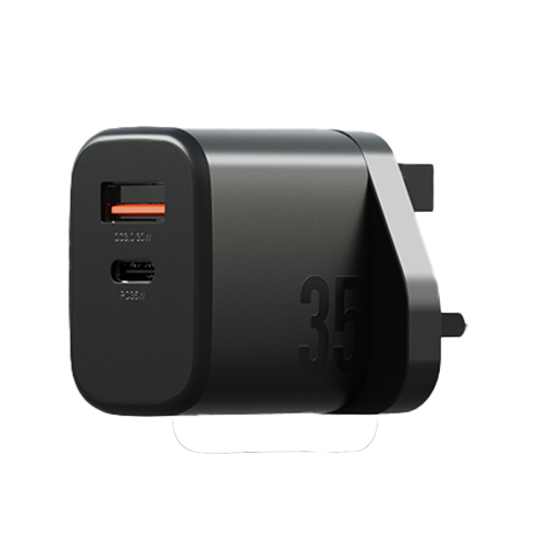 Bazic Go Port Velox Kit Bundle 1-Port USB-C & 1-Port USB-A PD 35W Wall Charger with Weave USB-C to USB-C 60W Cable - Truffle Black - شاحن حائط - فتحتين للشحن السريع - 35 واط + سلك شحن تايب سي قوة 60 واط - كفالة 12 شهر