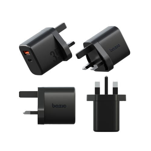 Bazic Go Port Velox Kit Bundle 1-Port USB-C & 1-Port USB-A PD 35W Wall Charger with Weave USB-C to USB-C 60W Cable - Truffle Black - شاحن حائط - فتحتين للشحن السريع - 35 واط + سلك شحن تايب سي قوة 60 واط - كفالة 12 شهر