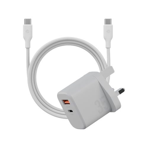 Bazic Go Port Velox Kit Bundle 1-Port USB-C & 1-Port USB-A PD 35W Wall Charger with Weave USB-C to USB-C 60W Cable - Vanilla White - شاحن حائط - فتحتين للشحن السريع - 35 واط + سلك شحن تايب سي قوة 60 واط - كفالة 12 شهر