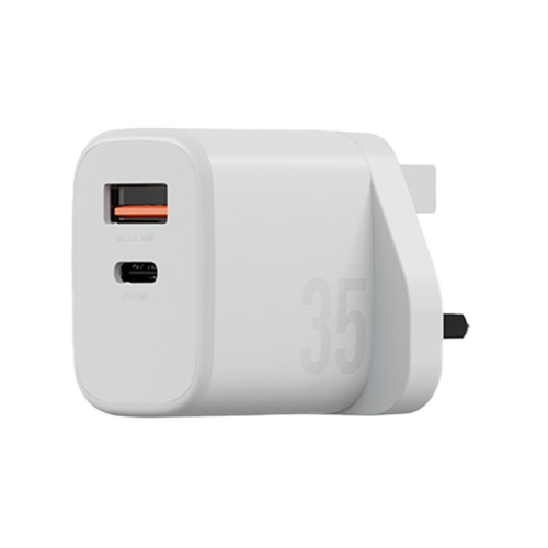 Bazic Go Port Velox Kit Bundle 1-Port USB-C & 1-Port USB-A PD 35W Wall Charger with Weave USB-C to USB-C 60W Cable - Vanilla White - شاحن حائط - فتحتين للشحن السريع - 35 واط + سلك شحن تايب سي قوة 60 واط - كفالة 12 شهر