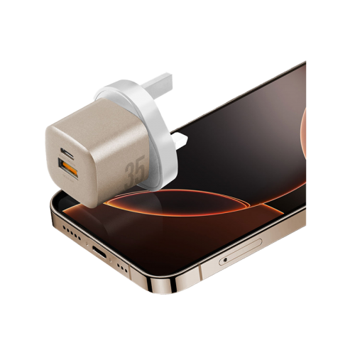 Energea Ampcharge 1-Port USB-C and 1-Port USB-A 35W GaN Wall Charger - Gold - شاحن حائط - انيرجيا - قوة 35 واط - 2 فتحتين للشحن السريع - 1 تايب سي بي دي - 1 يو اس بي  - كفالة 18 شهر