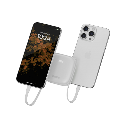 Bazic GoPower Fusion 4 in 1 Power Bank With Build in USB-C And Lightning Cable 10000mAh - Vanilla - بطارية متنقلة - بيزك - قوة 10000 - سلك شاحن أيفون + تايب سي - 1 منفذ تايب سي - 1 منفذ يو اس بي - شاشة رقمية - كفالة 12 شهر