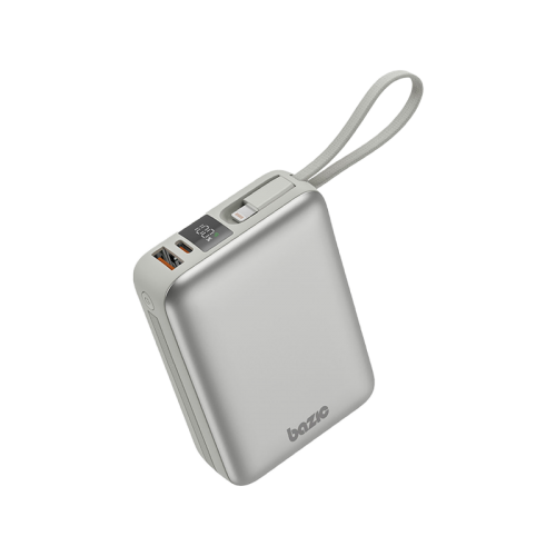 Bazic GoPower Fusion Mini 20K 3 in 1 Power Bank 20000mAh With Build in USB-C & Lightning Cable - Pebble - بطارية متنقلة - بيزك - قوة 20000 - سلك شاحن أيفون + تايب سي - 1 منفذ تايب سي - 1 منفذ تيو اس بي - شاشة رقمية - كفالة 24 شهر