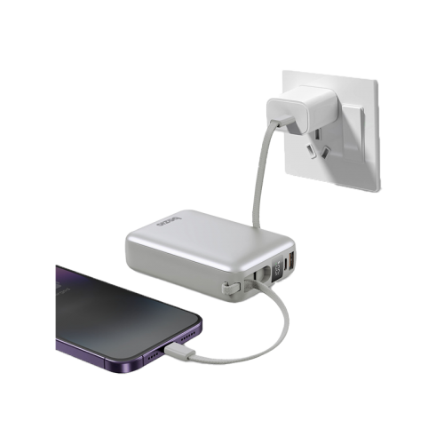Bazic GoPower Fusion Mini 20K 3 in 1 Power Bank 20000mAh With Build in USB-C & Lightning Cable - Pebble - بطارية متنقلة - بيزك - قوة 20000 - سلك شاحن أيفون + تايب سي - 1 منفذ تايب سي - 1 منفذ تيو اس بي - شاشة رقمية - كفالة 24 شهر