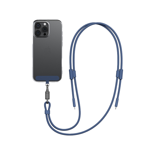 Energea Lasso 2-In-1 USB-C To USB-C 240W 480Mbps Lanyard With Charging Cable 1.5M - Blue - خيط علاقة - 2 في 1 - انيرجيا - سلك شحن تايب سي الى تايب سي - قوة 240 واط - يمكنكم اختيار مع كفر شفاف او بدون كفر فقط خيط علاقة