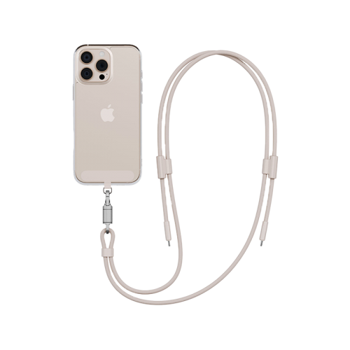 Energea Lasso 2-In-1 USB-C To USB-C 240W 480Mbps Lanyard With Charging Cable 1.5M - Sand - خيط علاقة - 2 في 1 - انيرجيا - سلك شحن تايب سي الى تايب سي - قوة 240 واط - يمكنكم اختيار مع كفر شفاف او بدون كفر فقط خيط علاقة