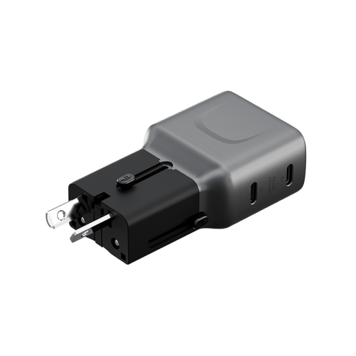 Energea TravelGo 2 Port USB-C 45W PD Travel Adapter - Gunmetal Black - شاحن حائط دولي - منفذين للشحن الذكي والسريع - قوة 45 واط - كفالة 24 شهر