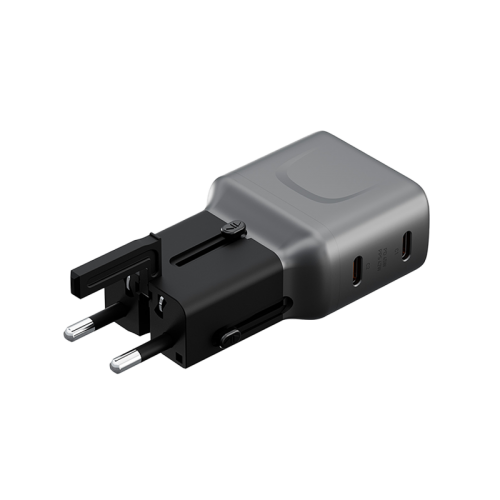 Energea TravelGo 2 Port USB-C 45W PD Travel Adapter - Gunmetal Black - شاحن حائط دولي - منفذين للشحن الذكي والسريع - قوة 45 واط - كفالة 24 شهر