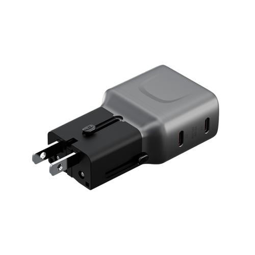 Energea TravelGo 2 Port USB-C 45W PD Travel Adapter - Gunmetal Black - شاحن حائط دولي - منفذين للشحن الذكي والسريع - قوة 45 واط - كفالة 24 شهر