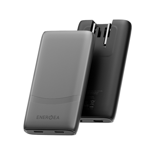 Energea TravelWorld Edge 65 2 Port USB-C 65W Travel Adapter - Gunmetal - شاحن حائط دولي للسفر - حجم صغير - مناسب لجميع دول العالم - 2 فتحتين تايب سي للشحن الذكي والسريع - قوة 65 واط - كفالة 18 شهر