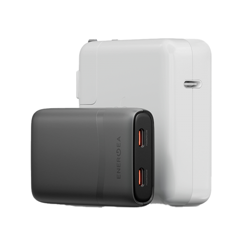 Energea TravelWorld Edge 65 2 Port USB-C 65W Travel Adapter - Gunmetal - شاحن حائط دولي للسفر - حجم صغير - مناسب لجميع دول العالم - 2 فتحتين تايب سي للشحن الذكي والسريع - قوة 65 واط - كفالة 18 شهر