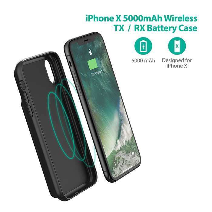 RAVPower Wireless Battery Case 3200mAh TX/RX for iPhone X/XS - Black -  X/XS كفر حماية مع بطارية - راف باور - سعة 3200 - خاصية الشحن اللاسلكي - ايفون