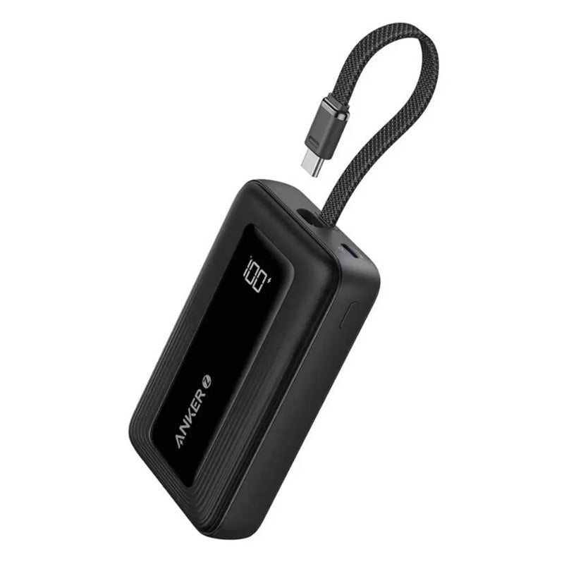 Anker Zolo Power Bank (10K, 30W, Built-In USB-C Cable) -Black [D] - بطارية متنقلة - انكر - سعة 10 آلف ملي امبير - قوة 30 واط - مع سلك شحن  تايب سي - كفالة 18 شهر
