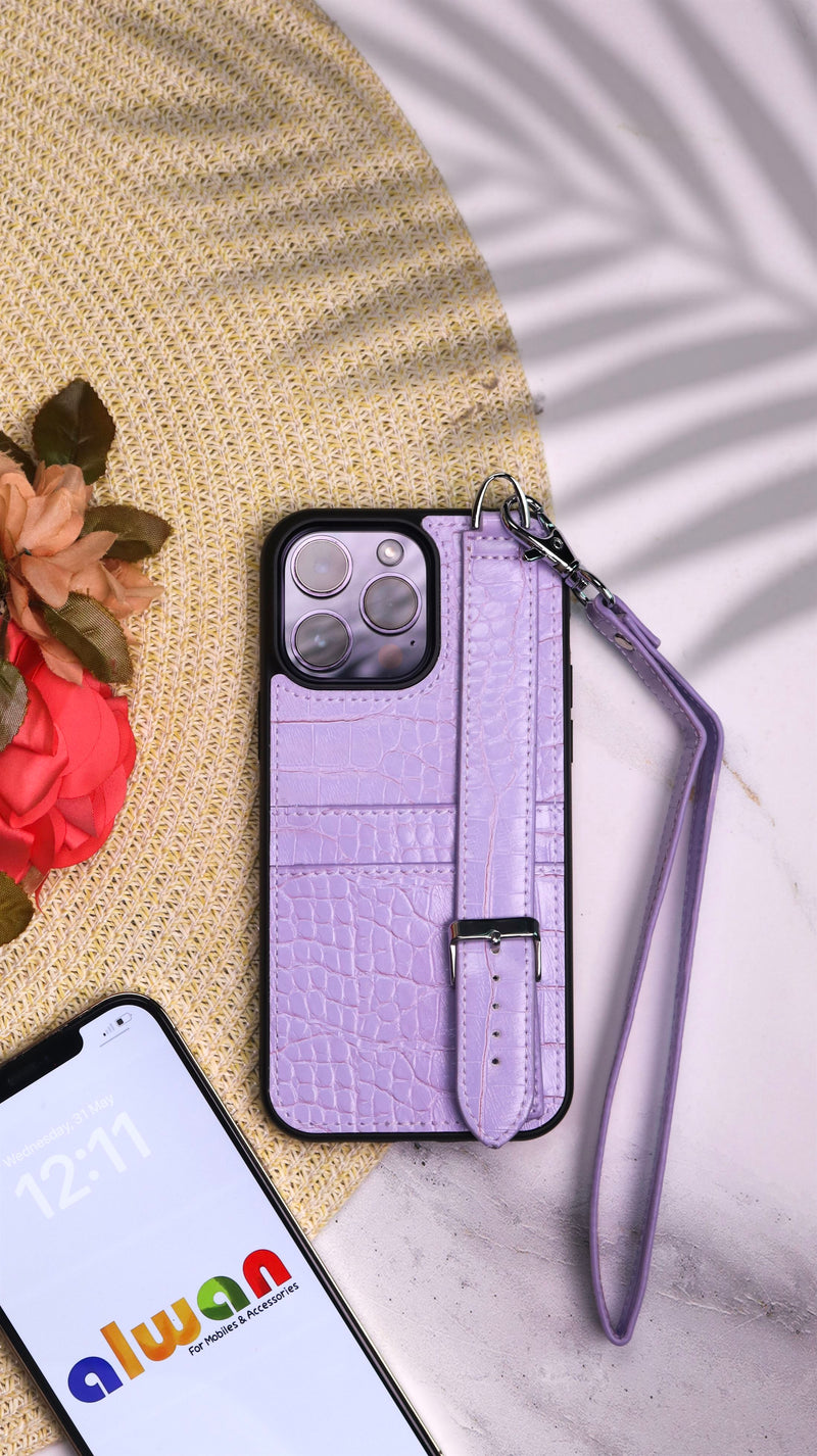 Dana Full Purple Leather Case with Card Slot and Strap - كفر مع مسكة شريطة ومكان للبطاقات وخيط علاقة