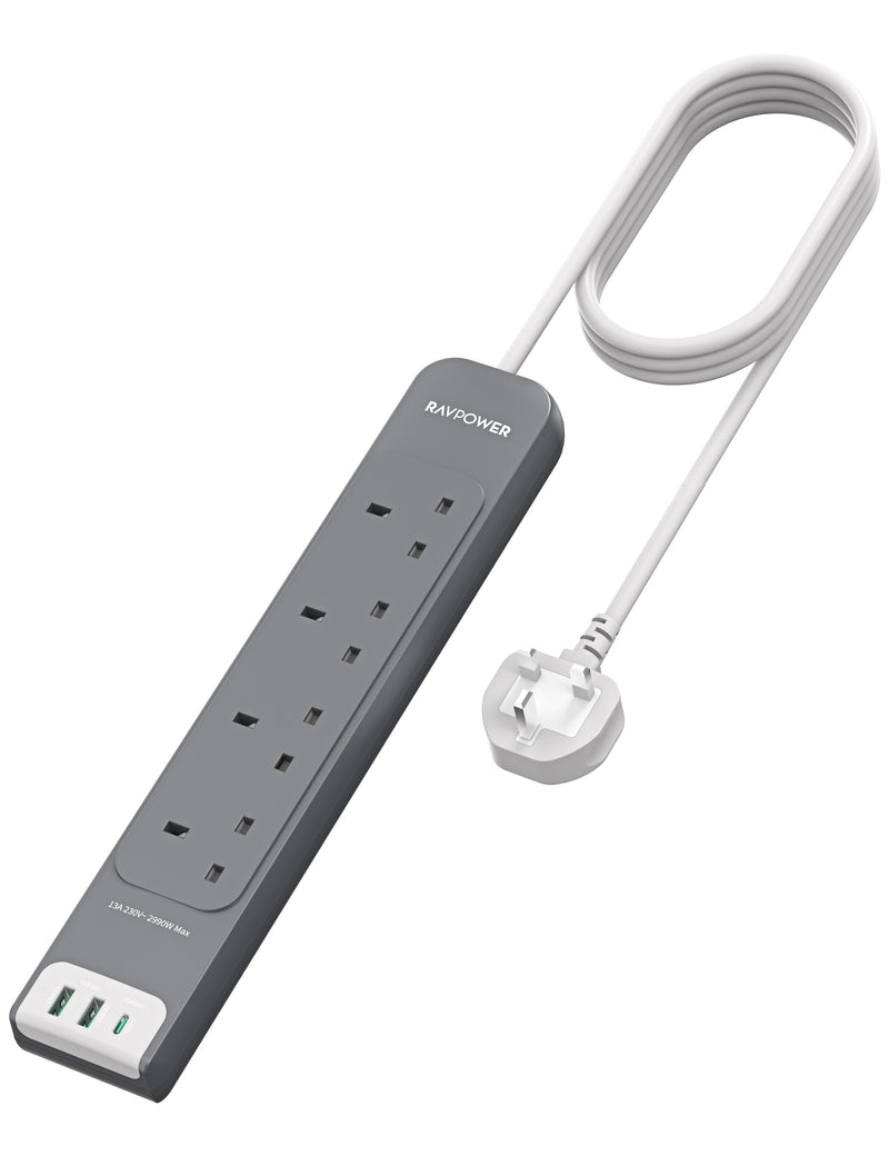 Ravpower 4 Outlets Power Strip - Gray [B] - موزع شاحن حائط - 2 فتحتين يو اس بي - 1 فتحة تايب سي - 4 فتحات للكهرباء - 7 في 1 - طول 3 متر - كفالة 12 شهر