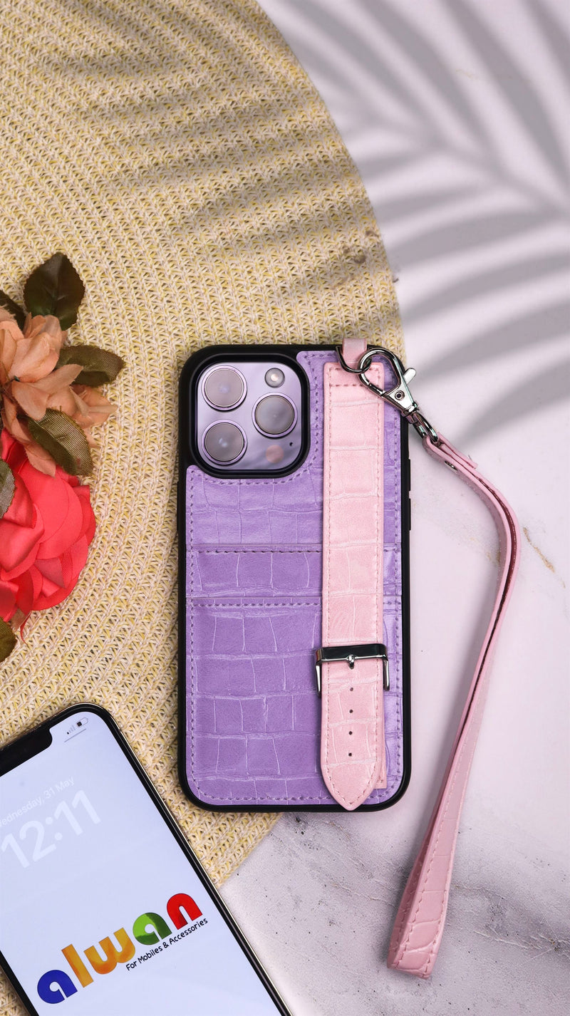 Dana Purple with Pink Strap Leather Case with Card Slot and Strap - كفر مع مسكة شريطة ومكان للبطاقات وخيط علاقة