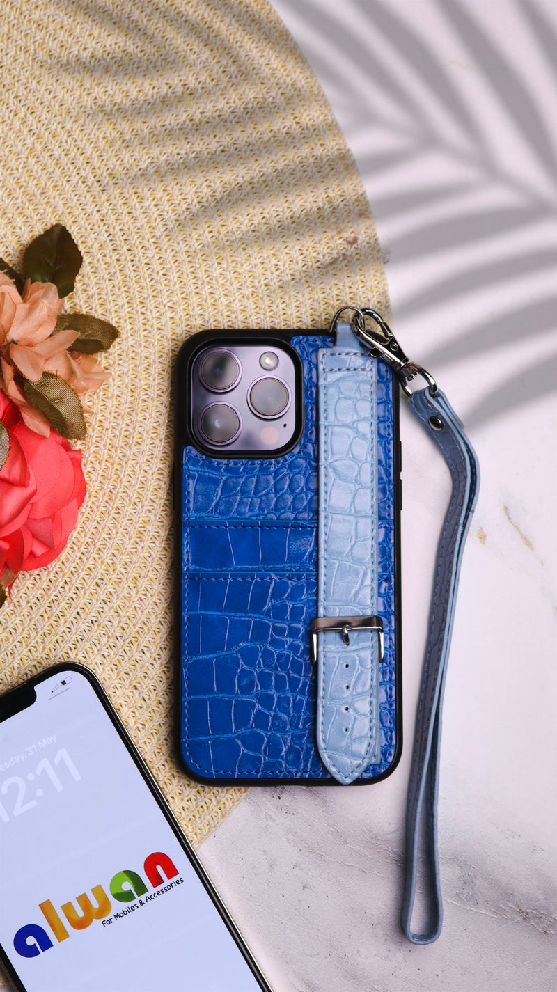Dana Blue Leather Case with Card Slot and Strap - كفر مع مسكة شريطة ومكان للبطاقات وخيط علاقة