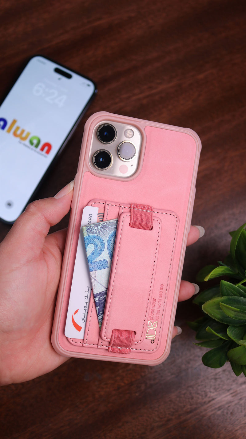 Pink Leather Case with Elastic Grip, Card Slot and Stand - كفر جلد مع مسكة ومحفظة للبطاقات وستاند جانبي