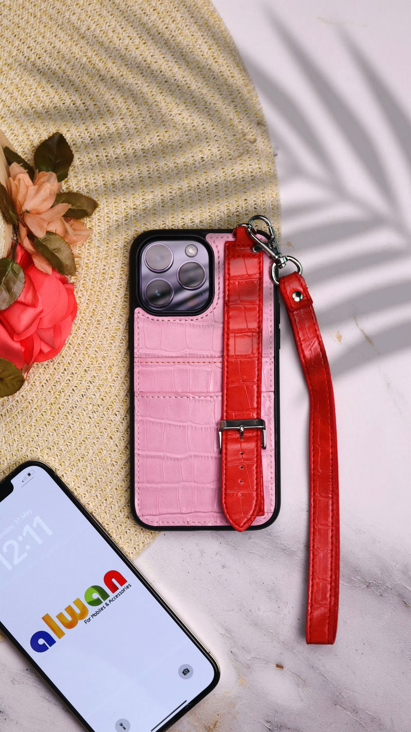 Dana Pink with Fuchsia Leather Case with Card Slot and Strap - كفر مع مسكة شريطة ومكان للبطاقات وخيط علاقة