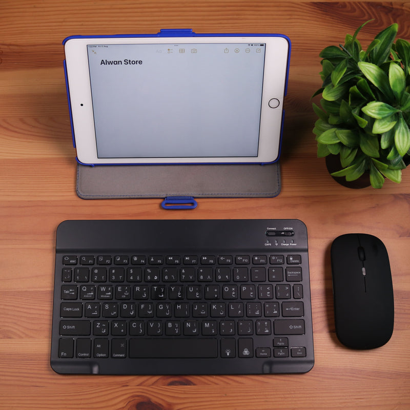 Kit Super Slim and Portable Bluetooth Keyboard with Mouse RGB (English/Arabic) - كيبورد لوحة مفاتيح مضيئه ( عربي / انجليزي ) + ماوس فأرة - بلوتوث وايرلس - لجميع اجهزة الايباد والتابلت والاجهزة اللوحية