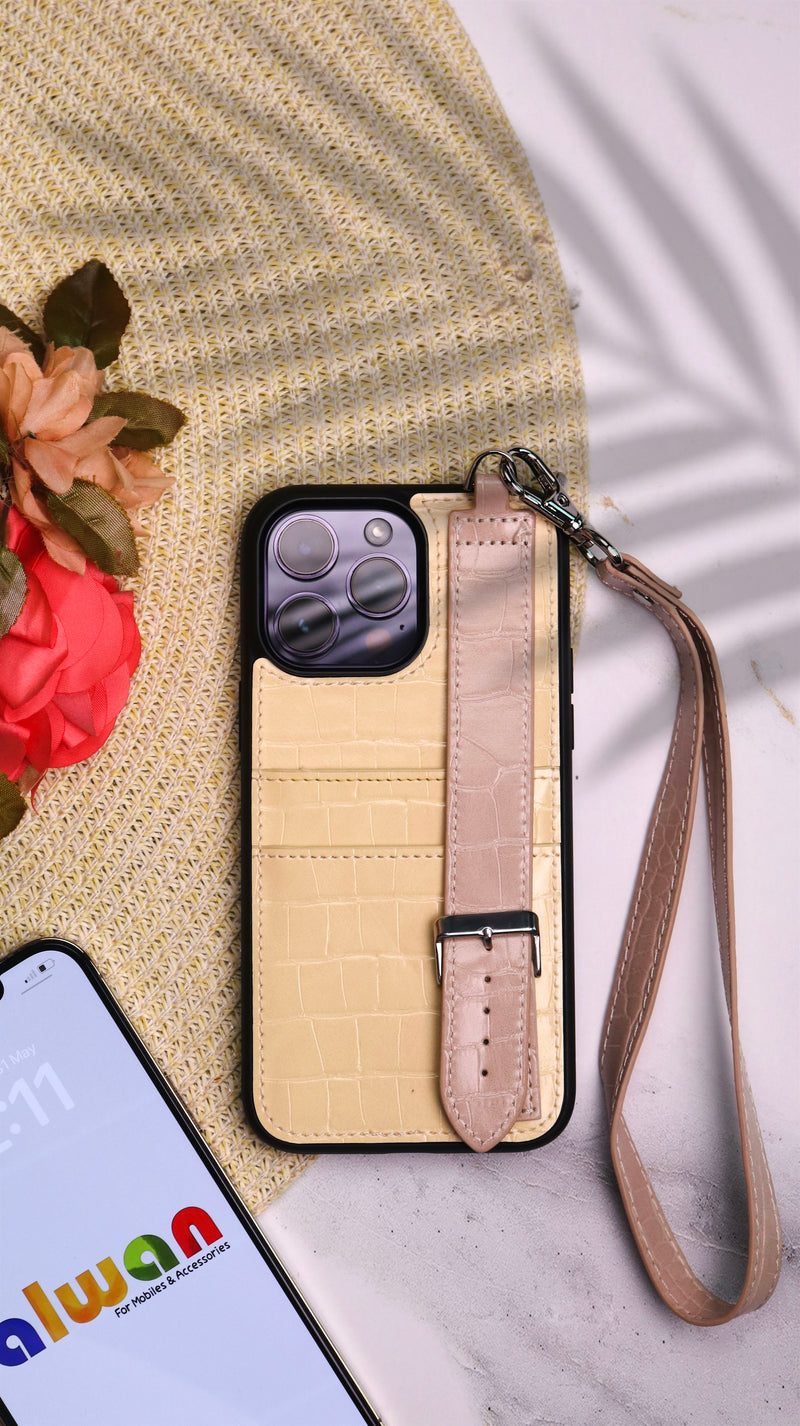 Dana Yellow Leather Case with Card Slot and Strap - كفر مع مسكة شريطة ومكان للبطاقات وخيط علاقة