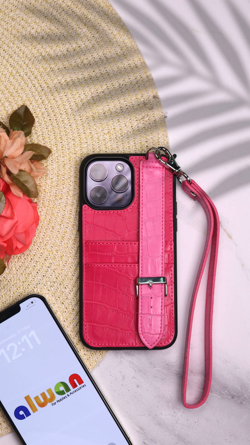 Dana Fuchsia with Pink Leather Case with Card Slot and Strap - كفر مع مسكة شريطة ومكان للبطاقات وخيط علاقة