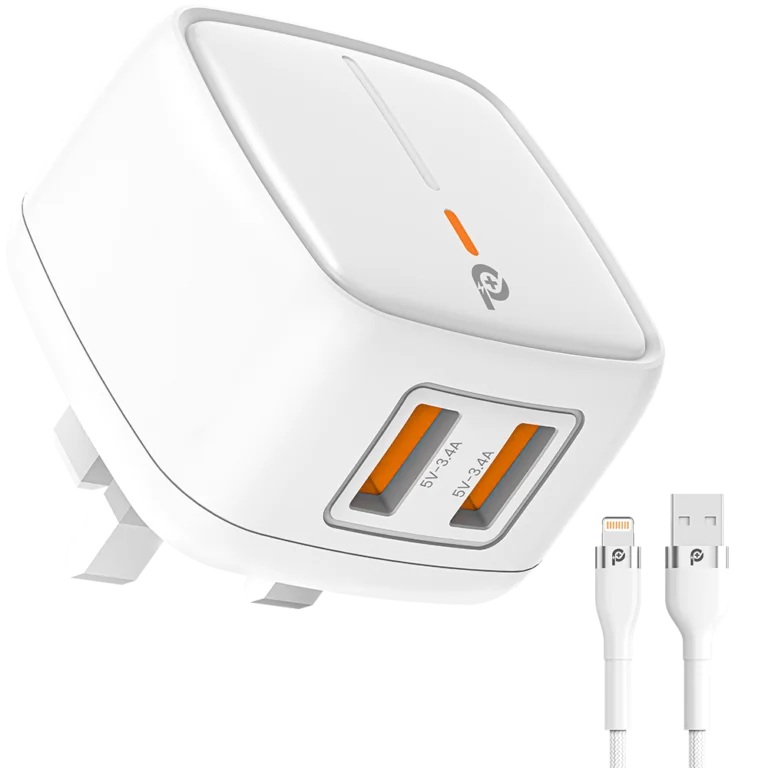 Powero+ British 12W UK Wall Charger with USB A to Lightning Cable - بلاك شاحن حائط + سلك شحن أيفون - 2 فتحتين يو اس بي - قوة 12 واط - كفالة 12 شهر