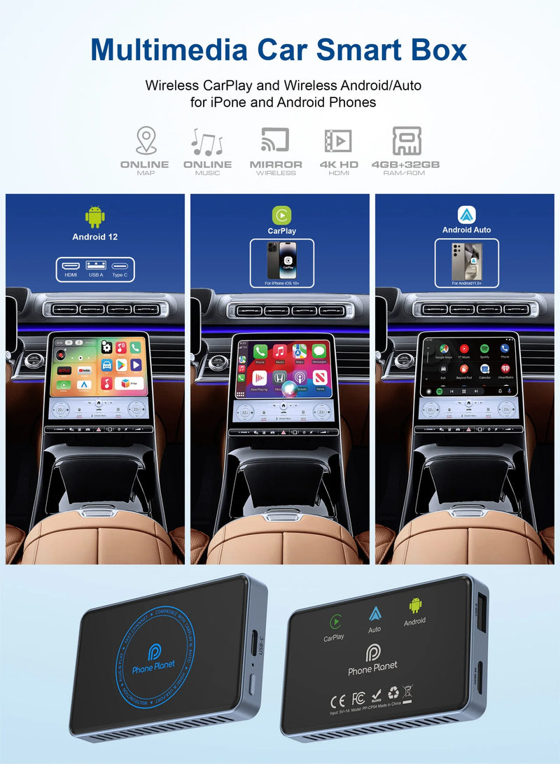 PhonePlanet -PP-CP04 – 4-in-1 Multimedia Car Smart Box CarPlay - Android Auto - HDMI - Screen Mirroring [H] - وصلة كار بلاي - مشغل وسائط متعددة لشاشة السيارة  - كفالة 24 شهر