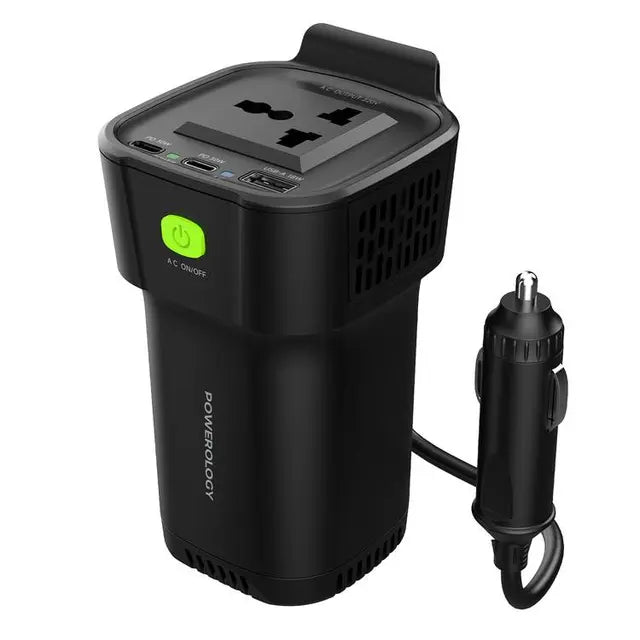 Powerology 150w Cup Holder Power Inverter - شاحن سيارة + محول طاقة - 2 في 1 - 1 منفذ كهرباء 12 فولت - 1 منفذ يو اس بي - 2 منفذين تايب سي - قوة 150 واط - كفالة 24 شهر