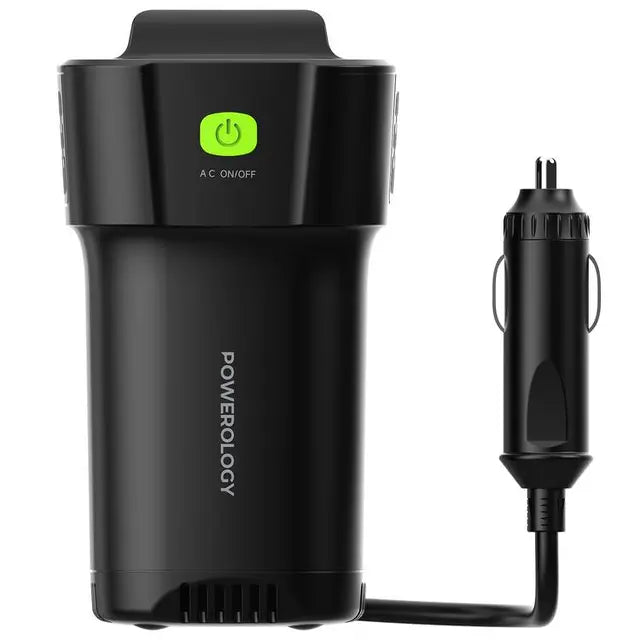 Powerology 150w Cup Holder Power Inverter - شاحن سيارة + محول طاقة - 2 في 1 - 1 منفذ كهرباء 12 فولت - 1 منفذ يو اس بي - 2 منفذين تايب سي - قوة 150 واط - كفالة 24 شهر