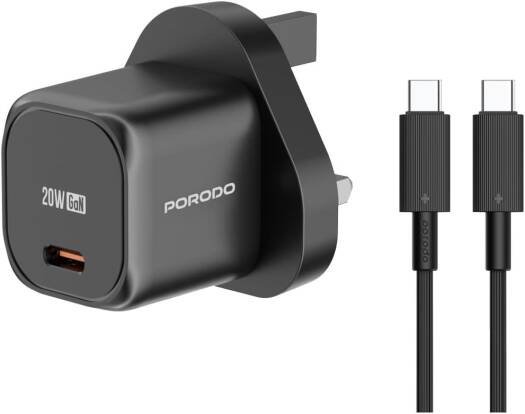 Porodo PD 20W UK Fast Charger with C to C Cable - Black - بلاك شاحن حائط + سلك شحن تايب سي -بورودو - كفالة 12 شهر