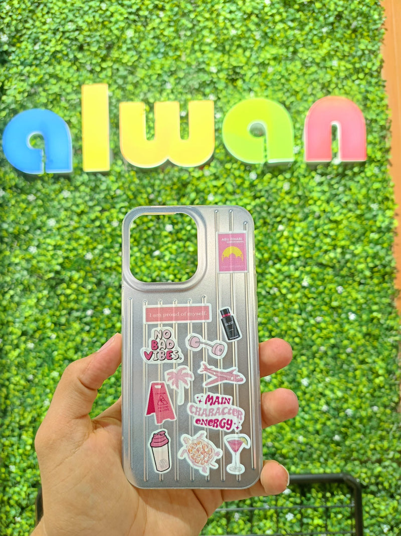 Noufa Silver Phone Case - كفر مع ستيكرز طباعة من اختياركم - الكفر + التصميم + البروفة + الطباعة - سيتم التواصل معكم لتحديد الكلمات والصور