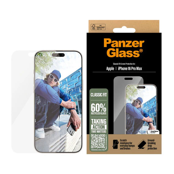 PanzerGlass Screen Protector Classic Fit for Apple iPhone 16/16 Plus/16 Pro/16 Pro Max - Clear - حماية شاشة شفافة عالية الجودة  - كاملة - بانزر جلاس