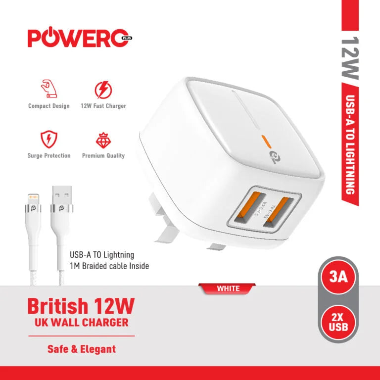 Powero+ British 12W UK Wall Charger with USB A to Lightning Cable - بلاك شاحن حائط + سلك شحن أيفون - 2 فتحتين يو اس بي - قوة 12 واط - كفالة 12 شهر