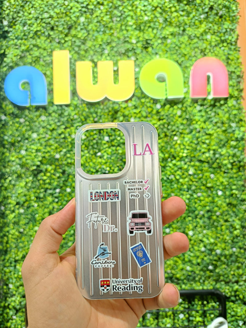 Noufa Silver Phone Case - كفر مع ستيكرز طباعة من اختياركم - الكفر + التصميم + البروفة + الطباعة - سيتم التواصل معكم لتحديد الكلمات والصور