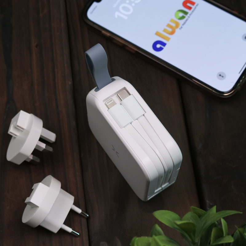 Bazic GoPort Travel 10000mAh 5 in 1 Multi-Functional Universal Wall Charger with 15W Fast Wireless Charging - White - شاحن حائط دولي - 5 في 1 - باور بانك سعة 10000 - سلك شحن ايفون + سلك شحن تايب سي - شاشه رقمية - شاحن لاسلكي - ستاند بالطول والعرض