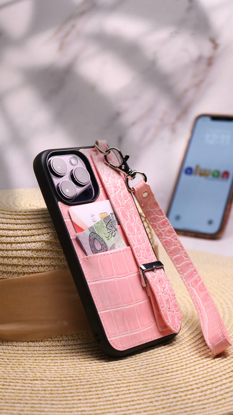 Dana Full Light Pink Leather Case with Card Slot and Strap - كفر مع مسكة شريطة ومكان للبطاقات وخيط علاقة