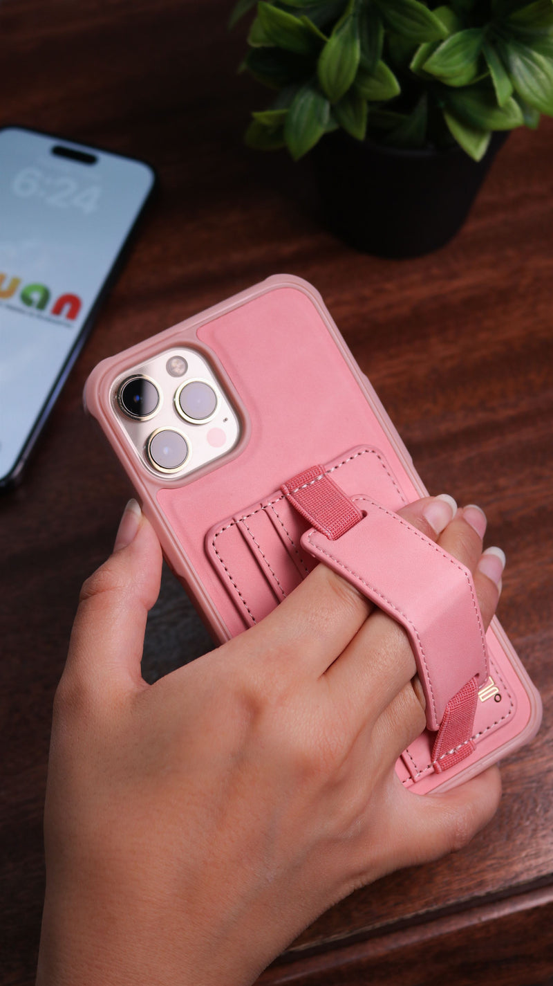 Pink Leather Case with Elastic Grip, Card Slot and Stand - كفر جلد مع مسكة ومحفظة للبطاقات وستاند جانبي