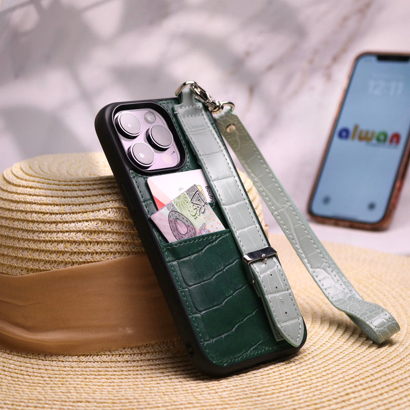 Dana Green Leather Case with Card Slot and Strap - كفر مع مسكة شريطة ومكان للبطاقات وخيط علاقة