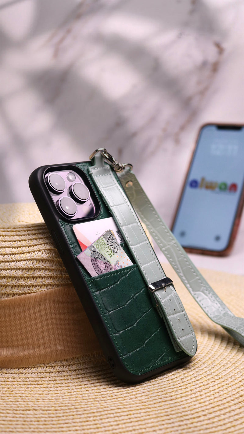 Dana Green Leather Case with Card Slot and Strap - كفر مع مسكة شريطة ومكان للبطاقات وخيط علاقة