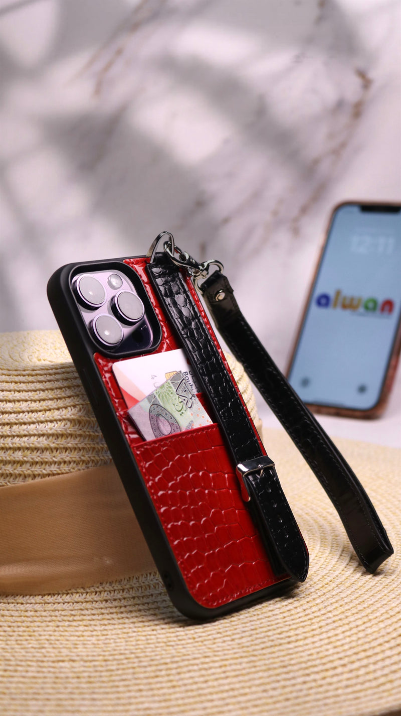 Dana Red with Black Leather Case with Card Slot and Strap - كفر مع مسكة شريطة ومكان للبطاقات وخيط علاقة