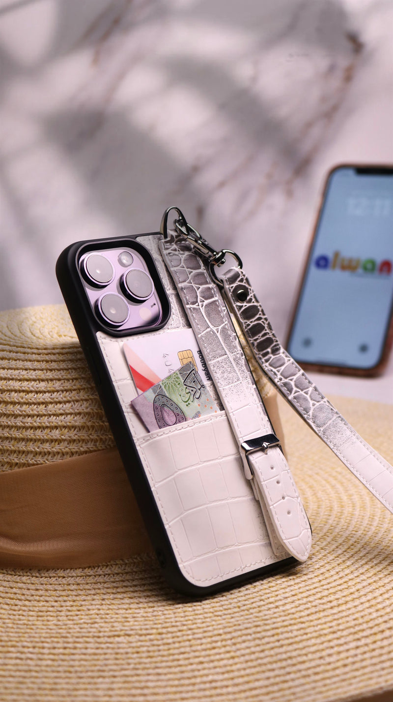 Dana White with Gray Leather Case with Card Slot and Strap - كفر مع مسكة شريطة ومكان للبطاقات وخيط علاقة