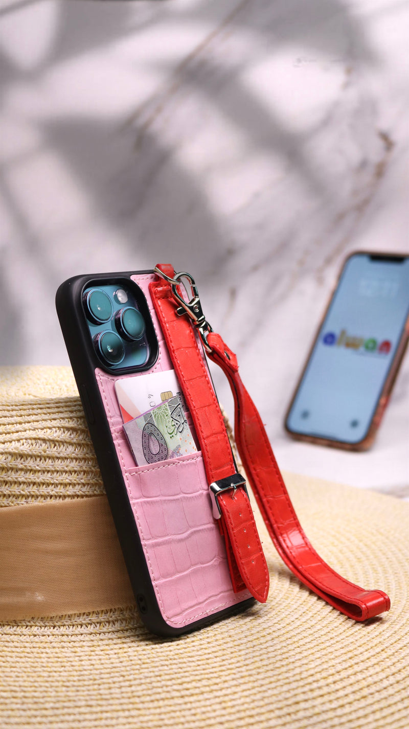 Dana Pink with Fuchsia Leather Case with Card Slot and Strap - كفر مع مسكة شريطة ومكان للبطاقات وخيط علاقة