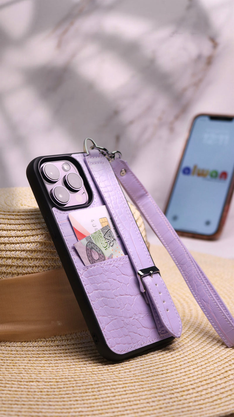 Dana Full Purple Leather Case with Card Slot and Strap - كفر مع مسكة شريطة ومكان للبطاقات وخيط علاقة